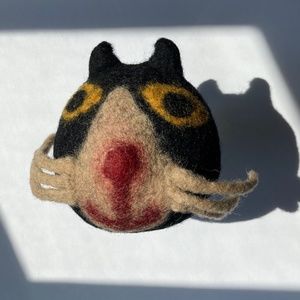 Vintage Halloween Cat  Wool Felt Head Farmhouse Decor 3.5" Wide Black Tan Red